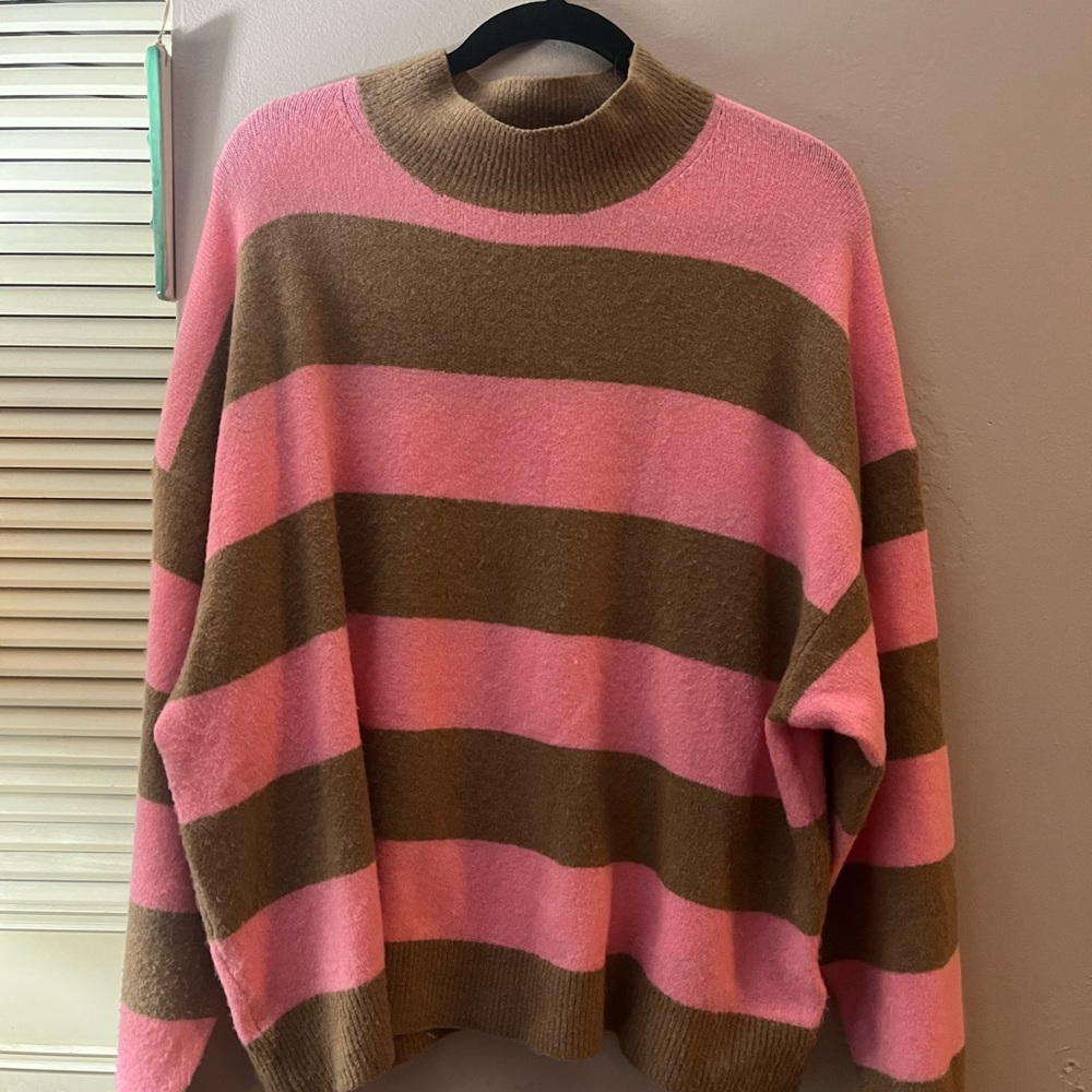 J. Crew Pink and Brown Striped Turtleneck Sweater